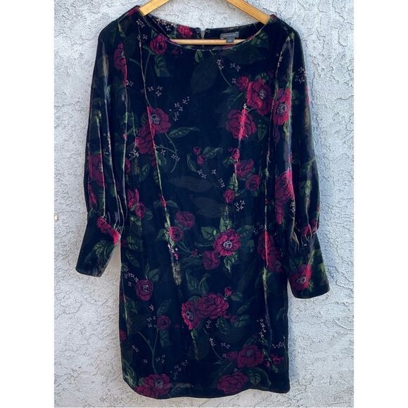 Ann Taylor Burgundy & Black Burnt Velvet Long-Sleeve Shift Dress SZ 4 Whimsygoth - Picture 1 of 8